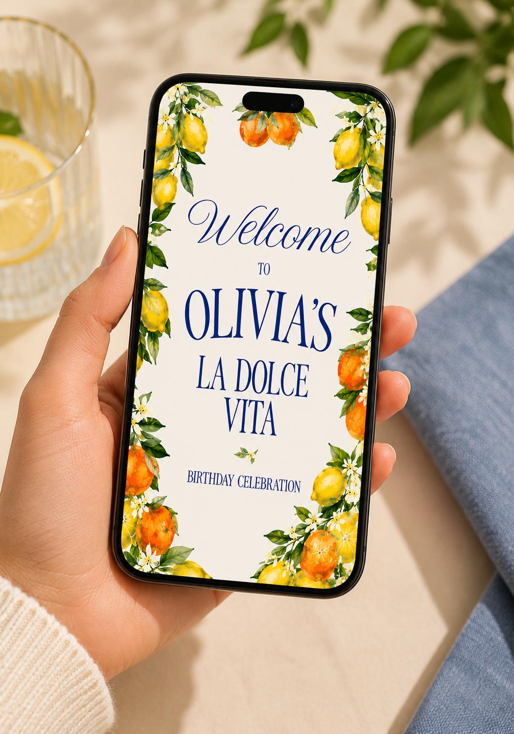 Citrus Birthday Sign Welcome Celebration La Dolce Vita Party Entrance Poster Printable Download Italian Theme Lemon Orange Watercolor Design