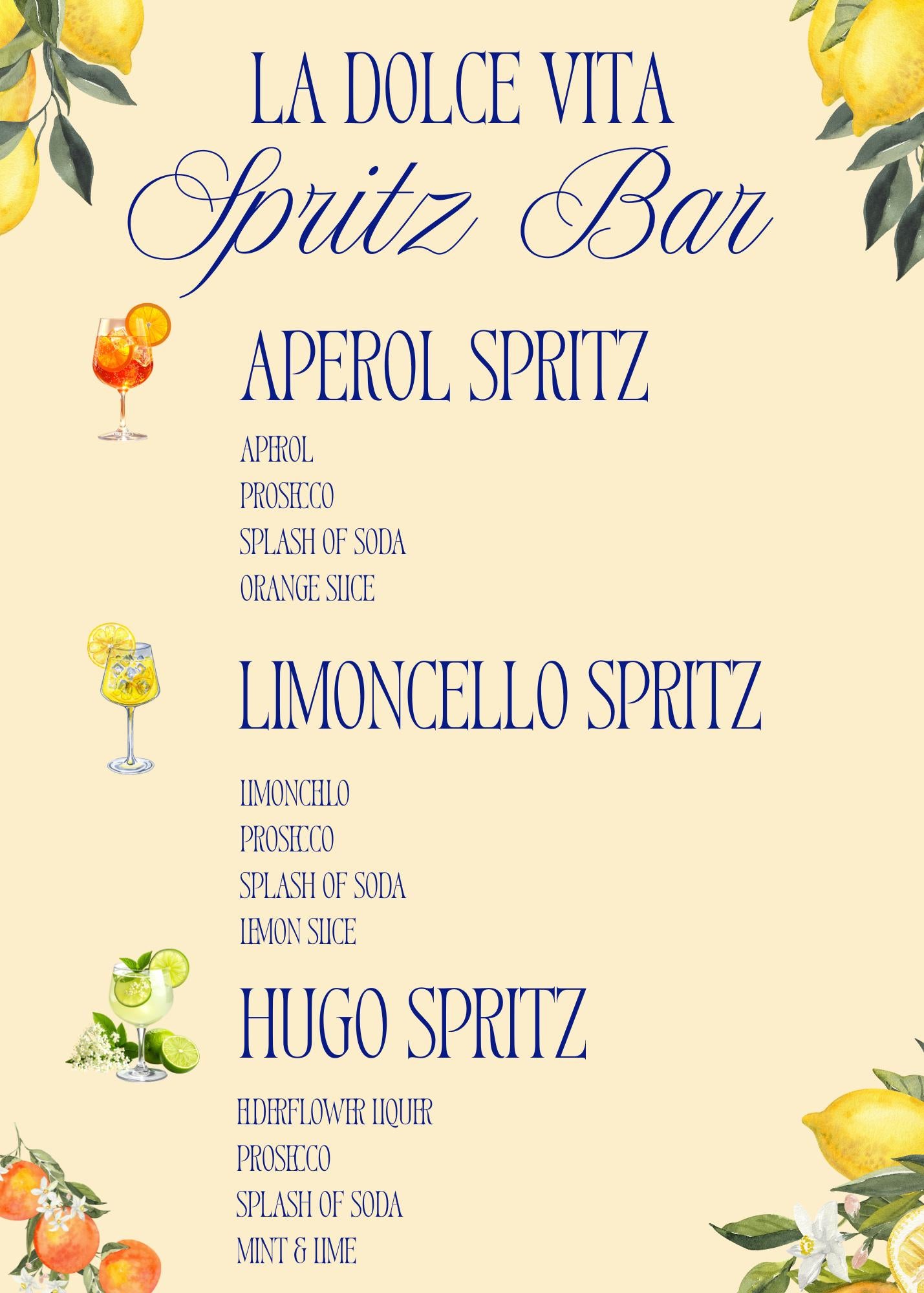 Spritz Bar Menu Sign Wedding Reception Printable Cocktail Recipe Italian Drink Bridal Shower Party Decoration Summer Event Display La Dolce