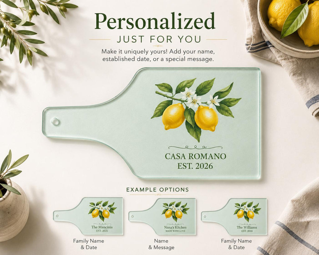 Custom Lemon Cutting Board Glass Serving Platter Cheese Paddle Tray Charcuterie Hostess Gift Housewarming Kitchen Present Wedding