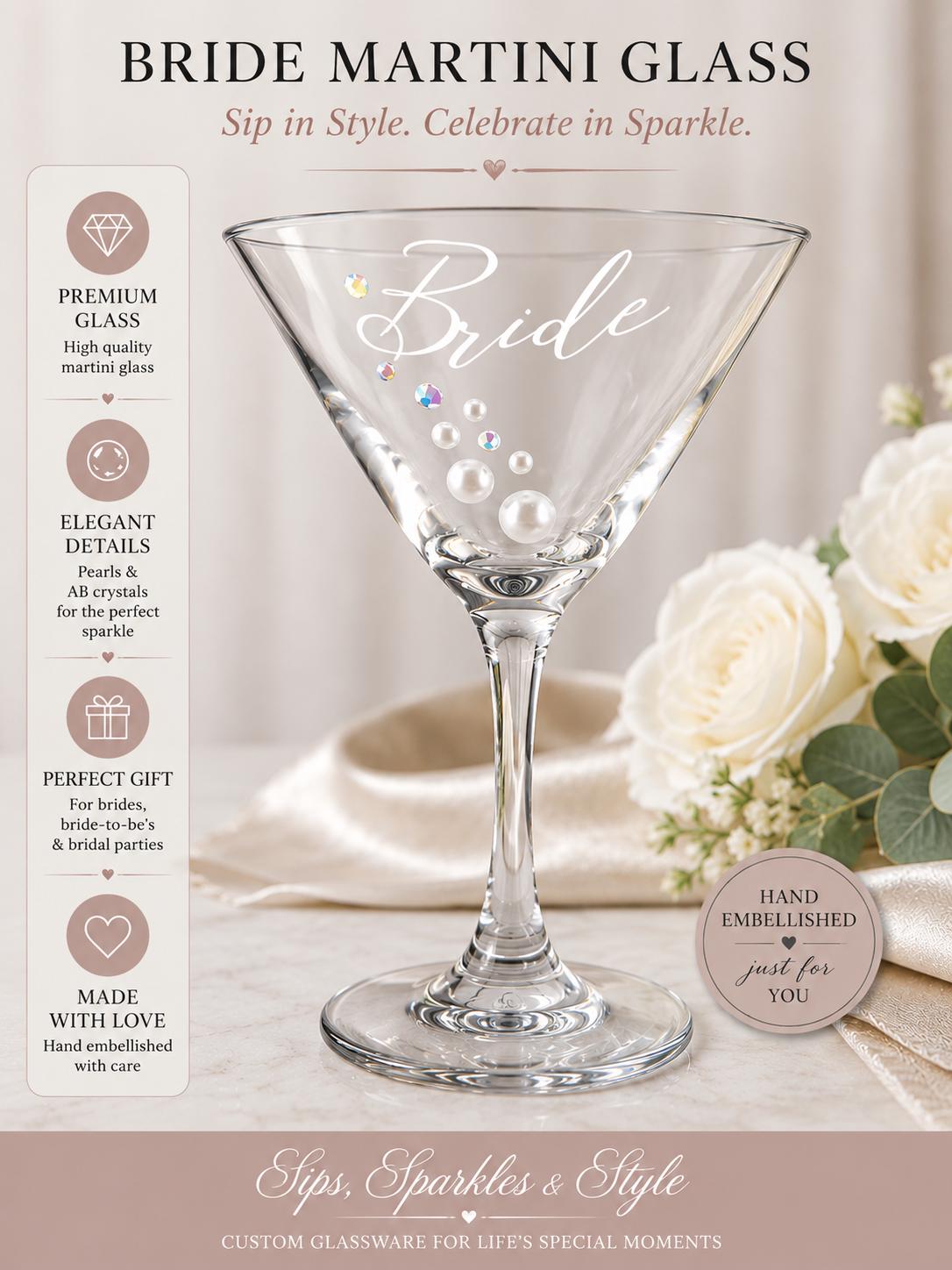 Bride Martini Glass Bridal Shower Gift Bachelorette Party Keepsake Wedding Cocktail Drinkware Engagement Celebration Stemware Rhinestone