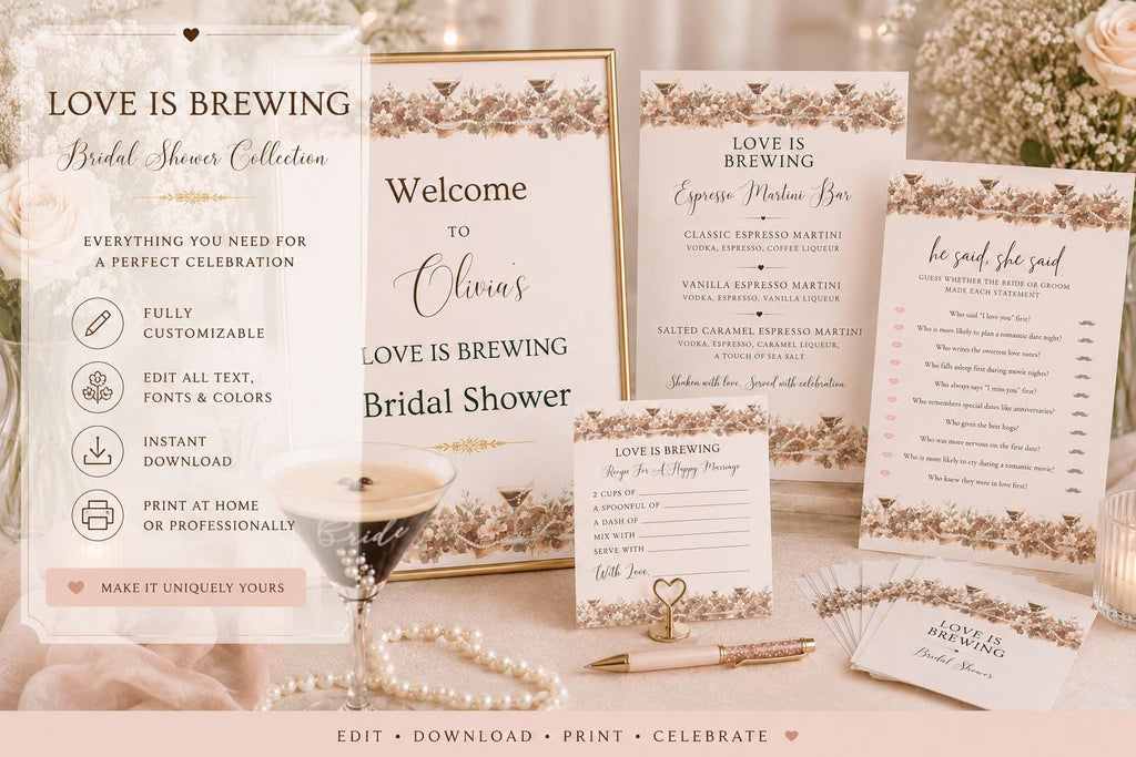 Bridal Shower Invitation Template Canva Editable Printable Welcome Sign Espresso Martini Menu Template Bundle Download Party Game Recipe