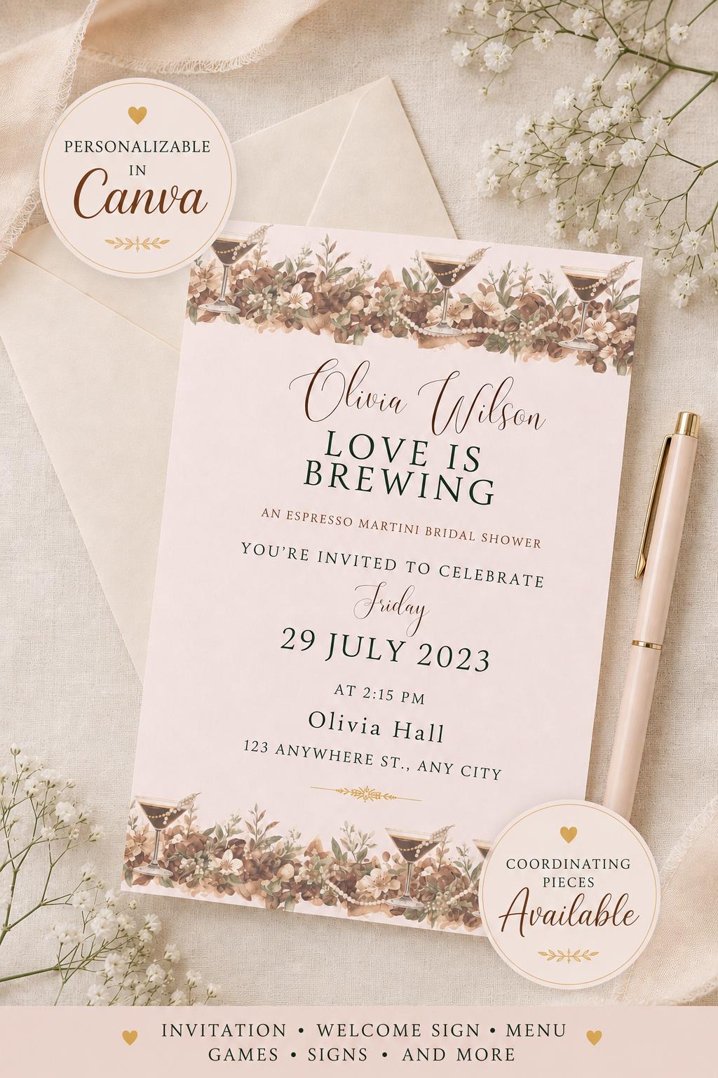 Love Is Brewing Bridal Shower Invitation Template Printable Engagement Party Announcement Card Design Digital Download Espresso Martini