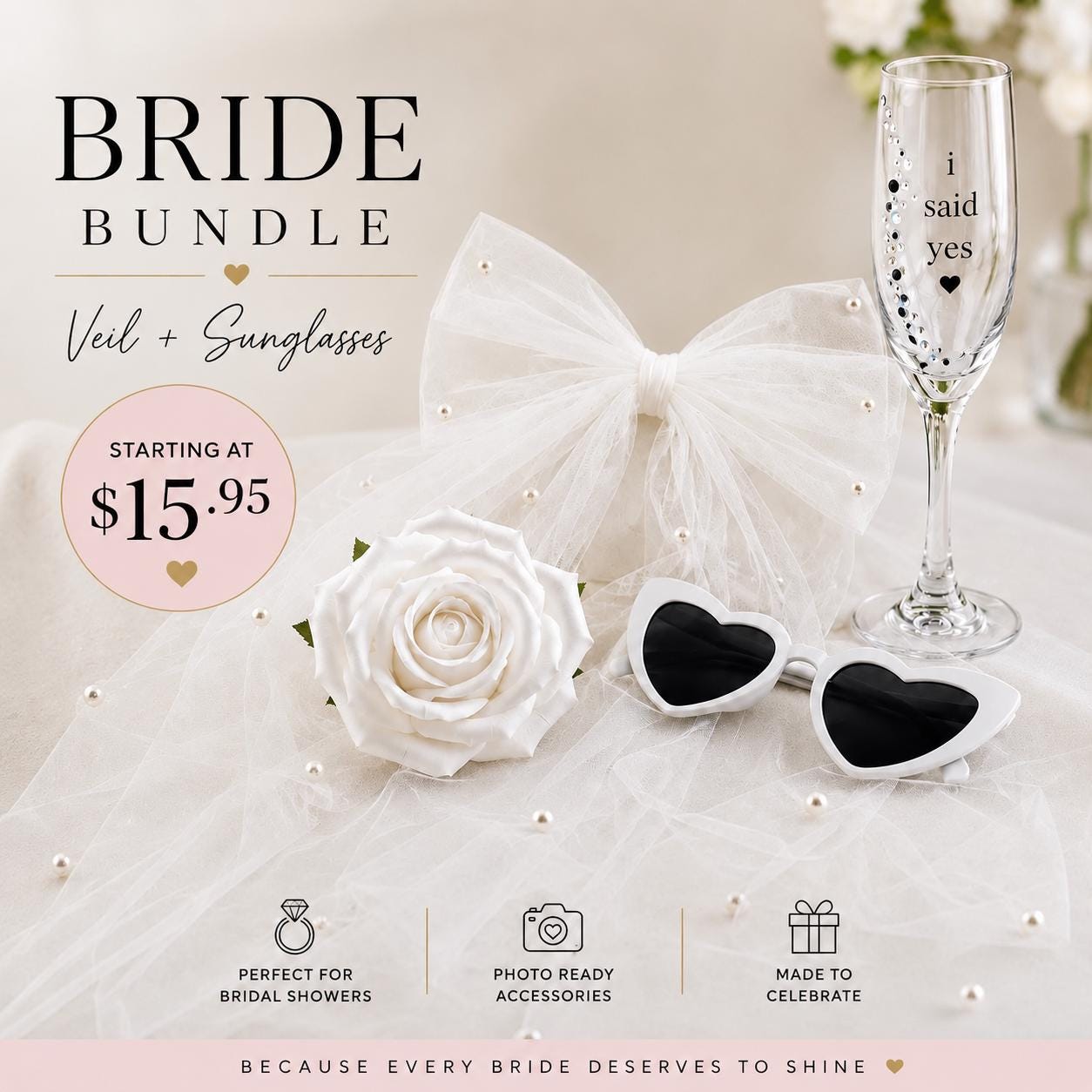 Bride Bow Veil and Sunglasses Heart Shaped Eyewear Bundle Bridal Shower Veil Accessory Set Bachelorette Party Bride Sunglasses Future Mrs