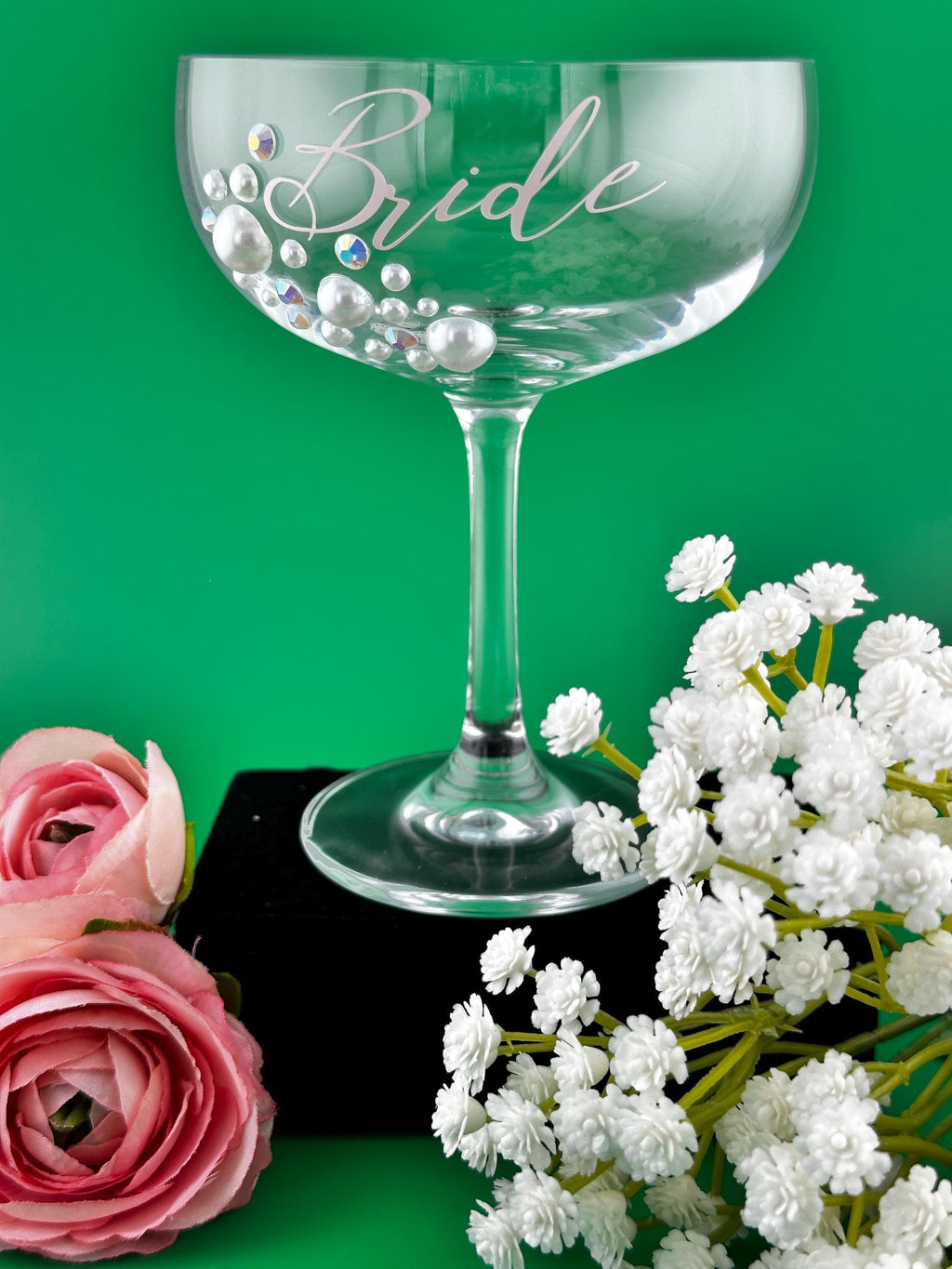 Bride Champagne Glass Wedding Gift Engagement Party Signature Drink Coupe Bridal Shower Bachelorette Keepsake Martini Pearl Rhinestone