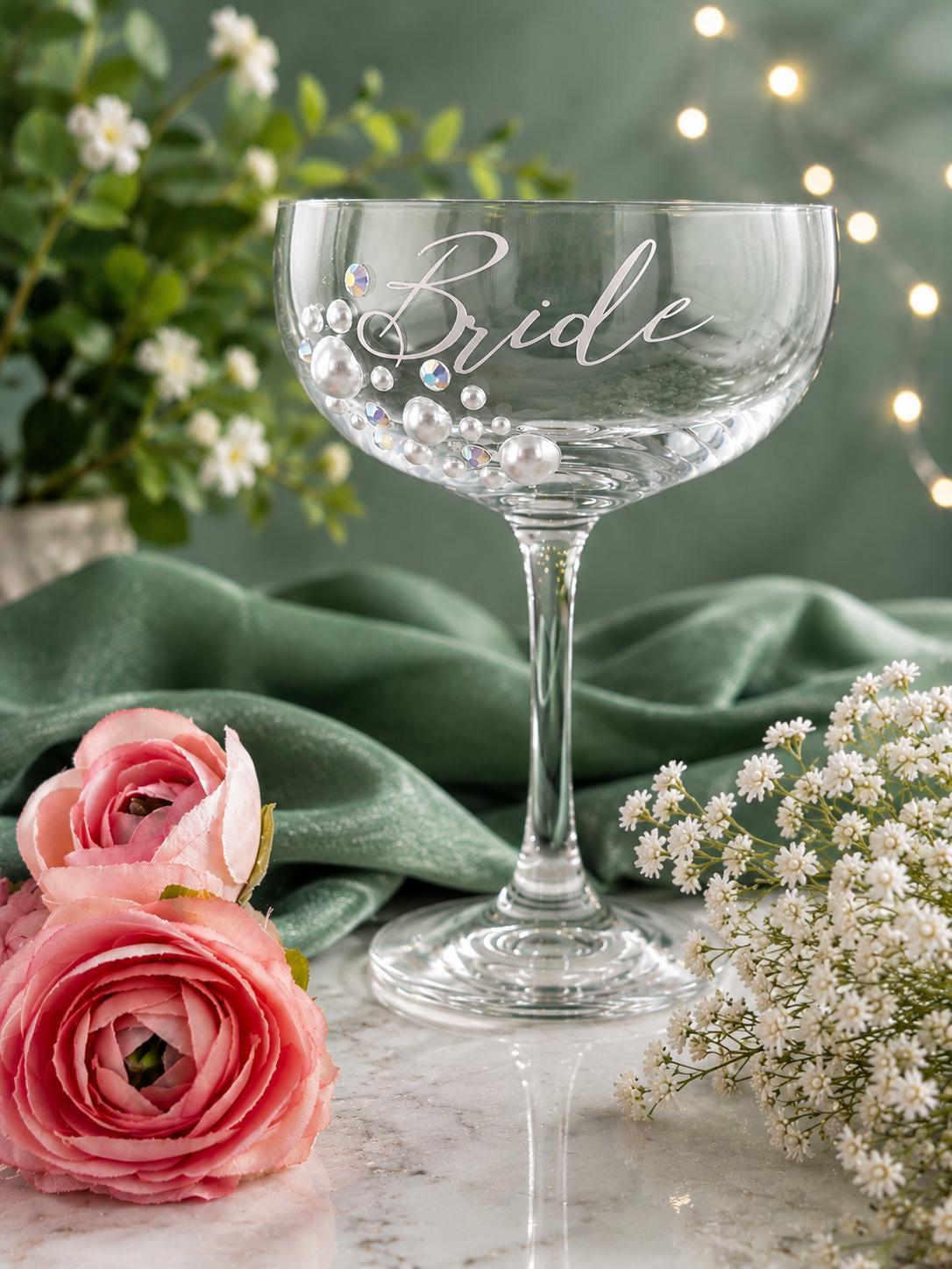 Bride Champagne Glass Wedding Gift Engagement Party Signature Drink Coupe Bridal Shower Bachelorette Keepsake Martini Pearl Rhinestone