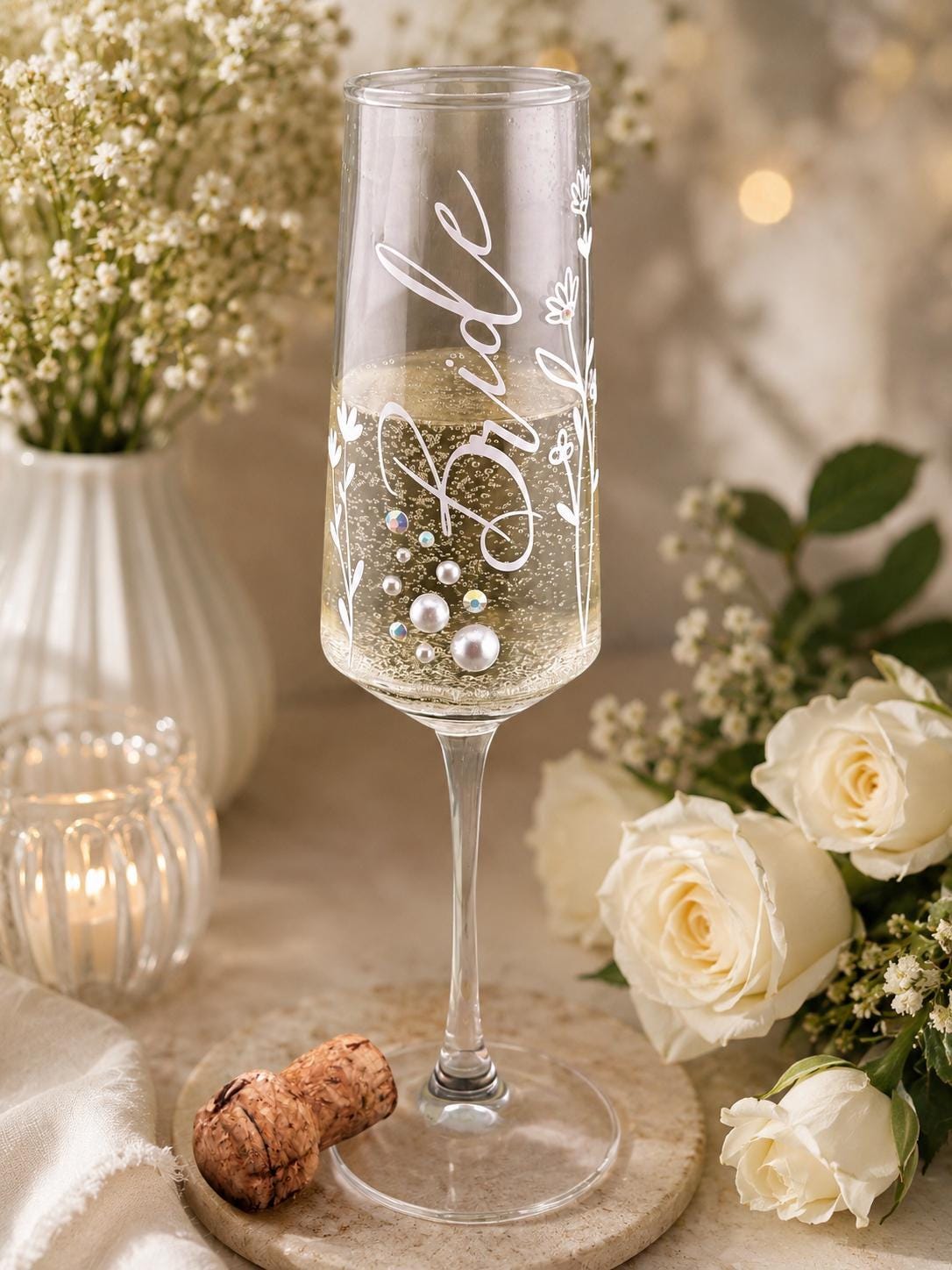 Wildflower Bride Champagne Flute Botanical Bride Glass Wedding Toasting Stemware Pearl Rhinestone Crystal Goblet Garden Wedding Gift Bridal