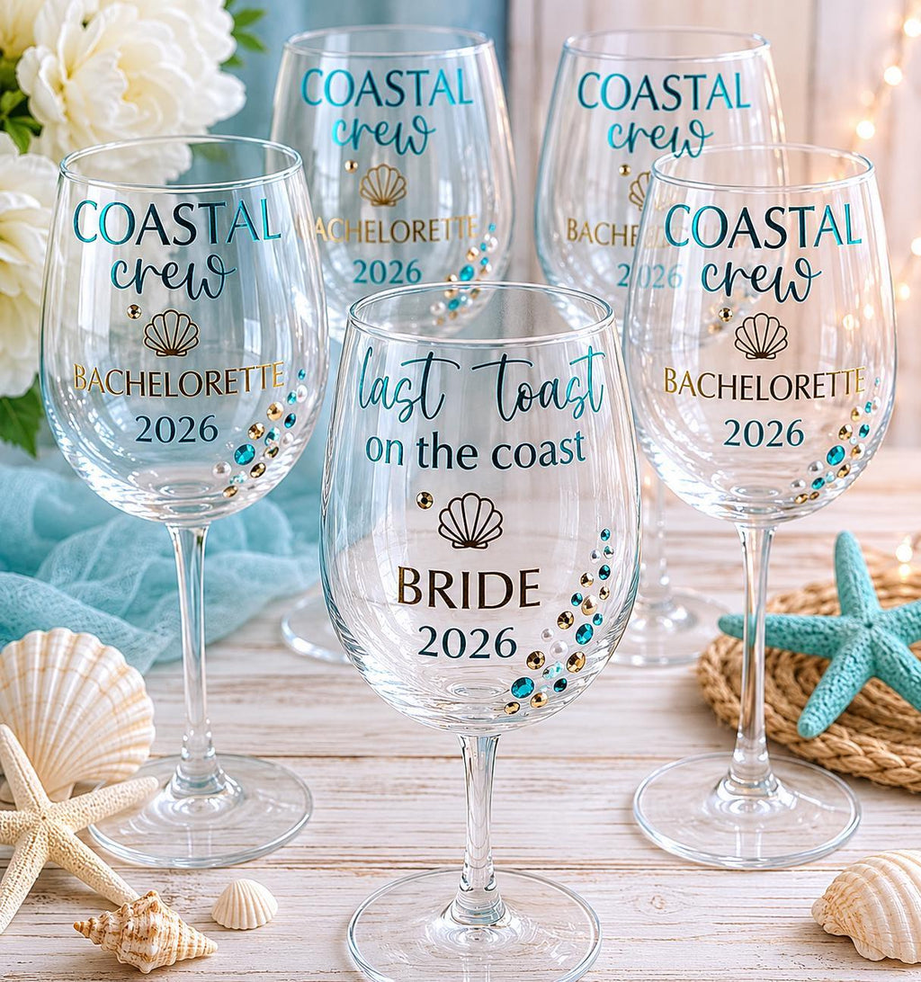 Coastal Bachelorette Wine Glass Bride Crew Beach Bach Glasses Last Toast Coast Celebration Bridesmaid Gift Stemware Nautical Wedding