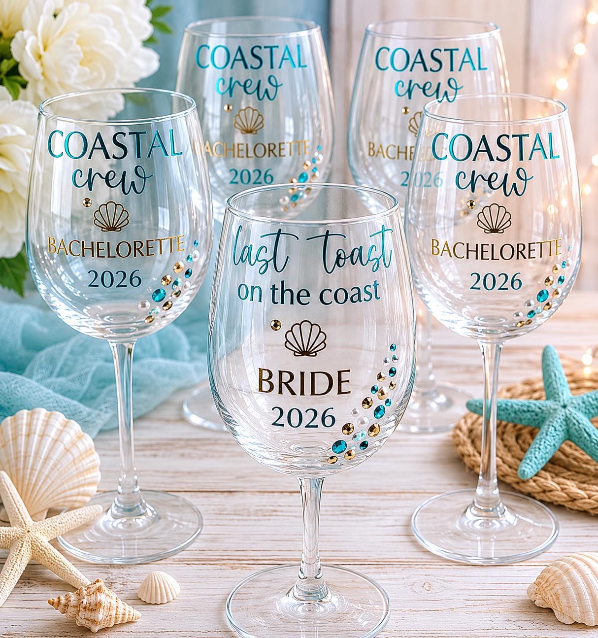 Coastal Bachelorette Wine Glass Bride Crew Beach Bach Glasses Last Toast Coast Celebration Bridesmaid Gift Stemware Nautical Wedding