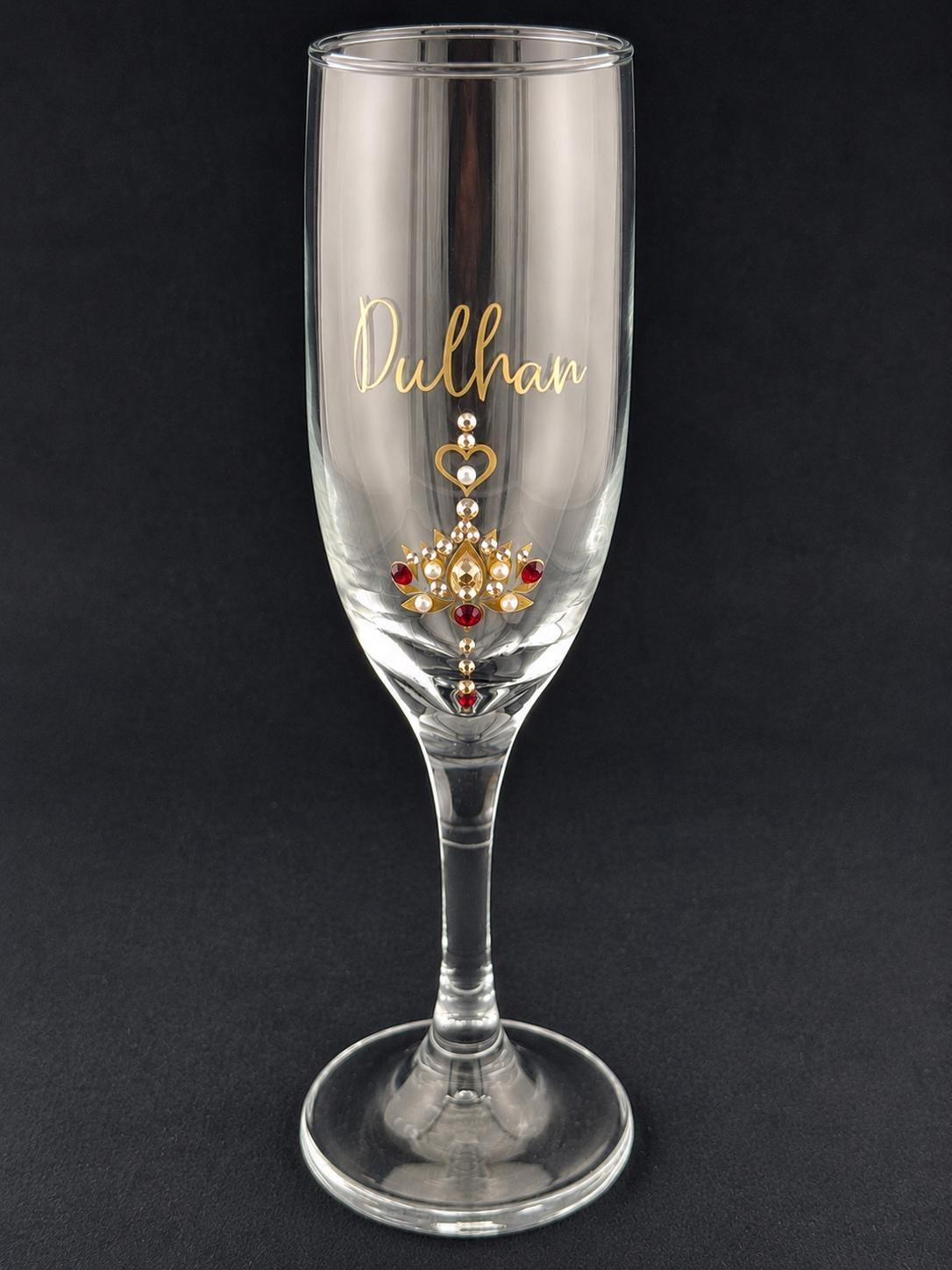 Dulhan Champagne Flute Indian Bride Glass Mehndi Ceremony Toast Celebration Gift Fusion Wedding Gold Pearl Rhinestone Stemware Handcrafted