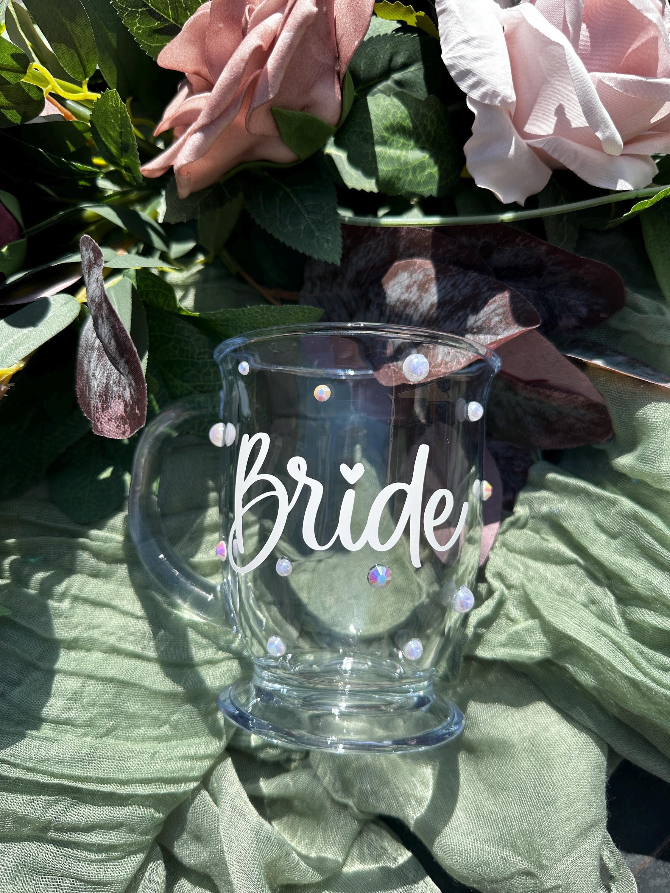 Bride Coffee Mug Tea Lover Bridal Shower Gift Personalized Wedding Tumbler Pearl Rhinestone Decorated Blinged Out Engagement Keepsake