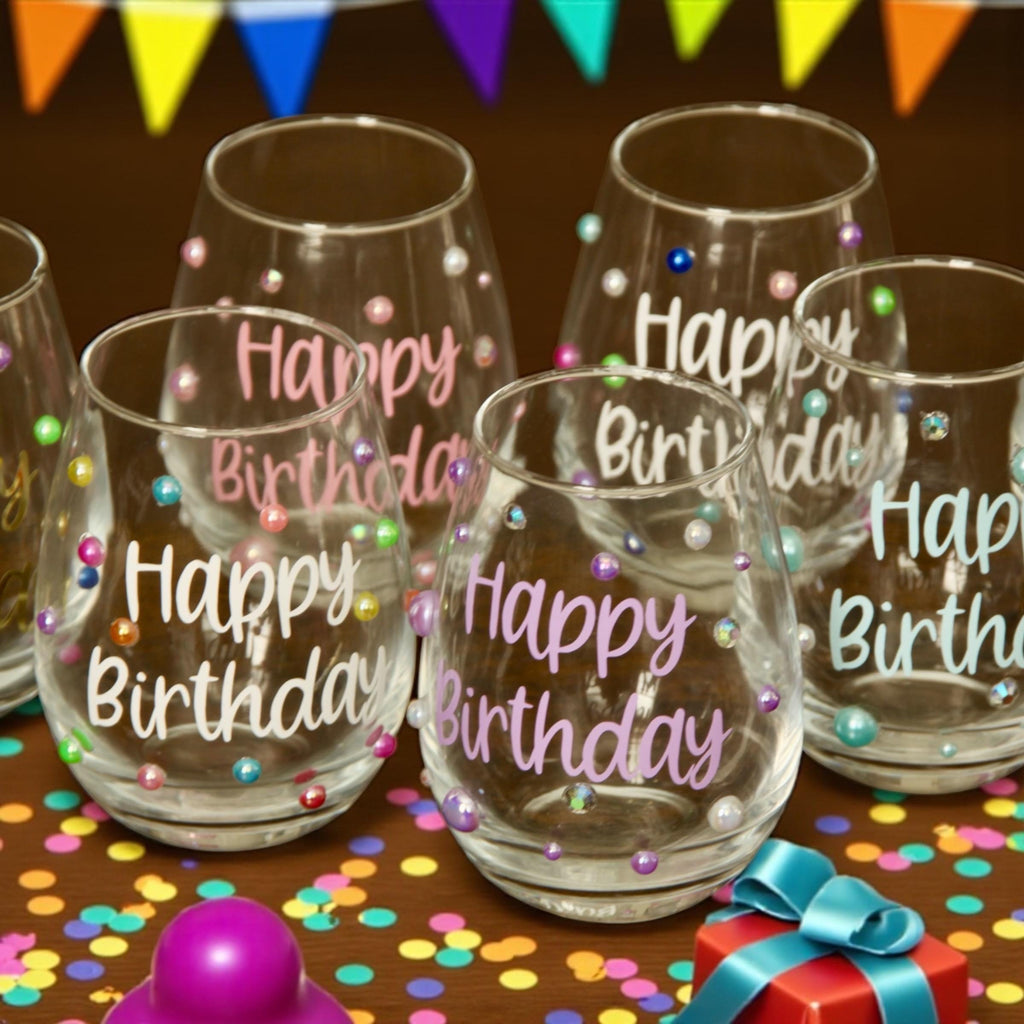 Sparkly Wine Glass Rhinestone Stemless Birthday Celebration Gift Her Milestone Occasion Present Handcrafted Decorative Stemware Bling Party