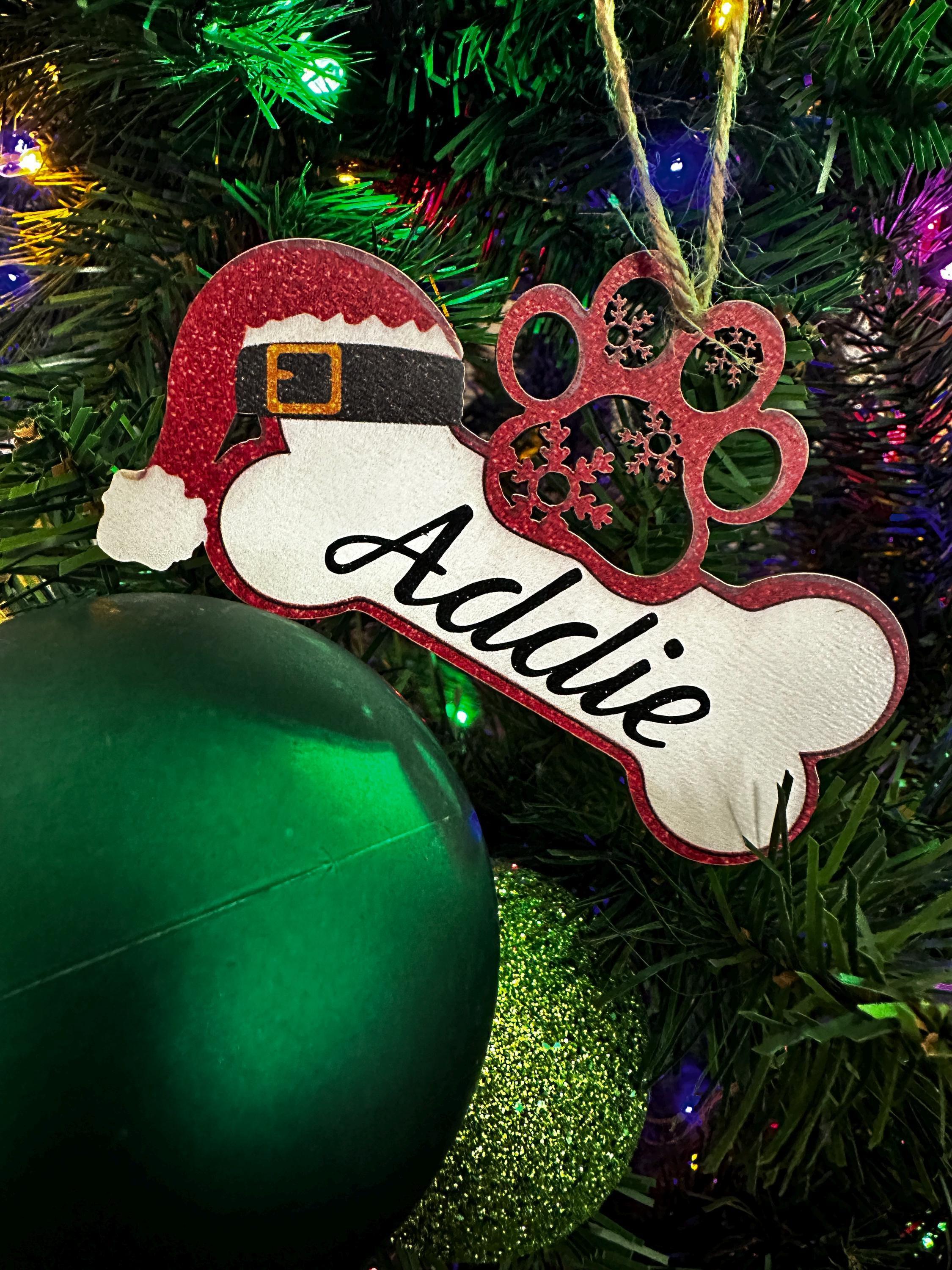 Custom Dog Ornament Pet Name Personalized Christmas Tree Decoration Dog Bone Shaped Keepsake Memorial Tribute Santa Hat Holiday Gift Dog