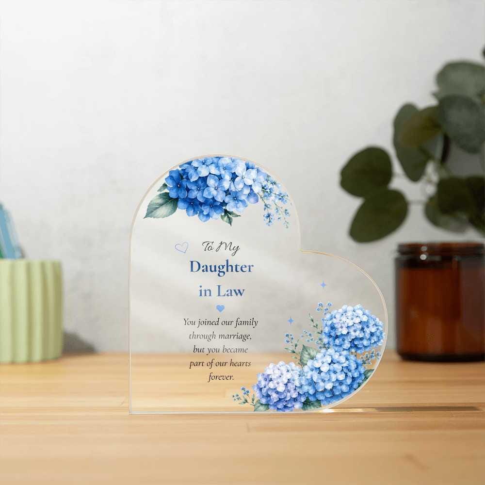 Daughter in Law Gift Personalized Keepsake Heart Plaque Acrylic Block Blue Hydrangea Artwork Present Wedding Treasure Sentimental Family