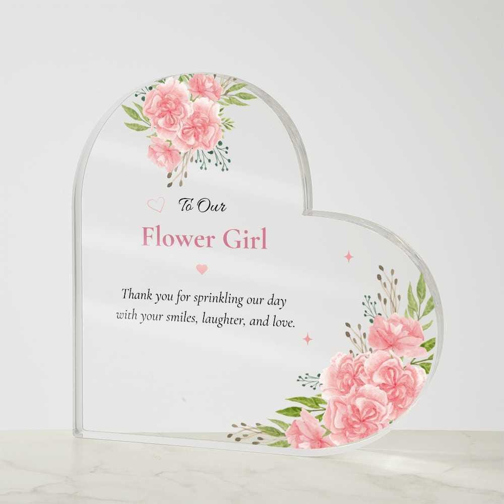 Flower Girl Gift Acrylic Plaque Heart Shaped Pink Floral Wedding Keepsake Thank You Bride Present Custom Printed Crystal Block Memento