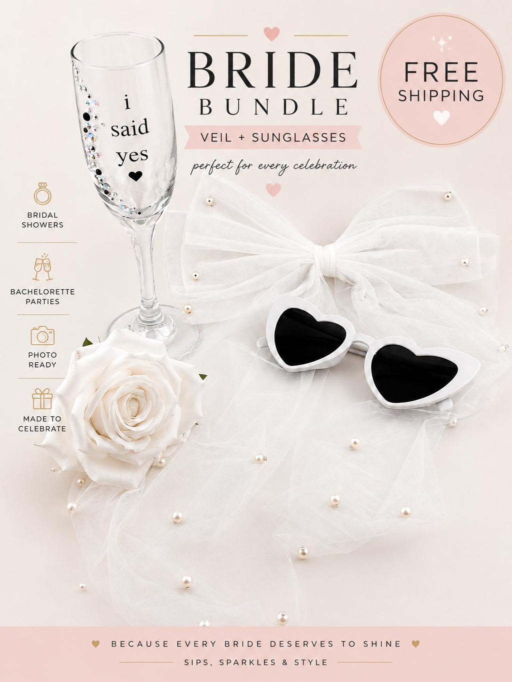 Bride Bow Veil and Sunglasses Heart Shaped Eyewear Bundle Bridal Shower Veil Accessory Set Bachelorette Party Bride Sunglasses Future Mrs