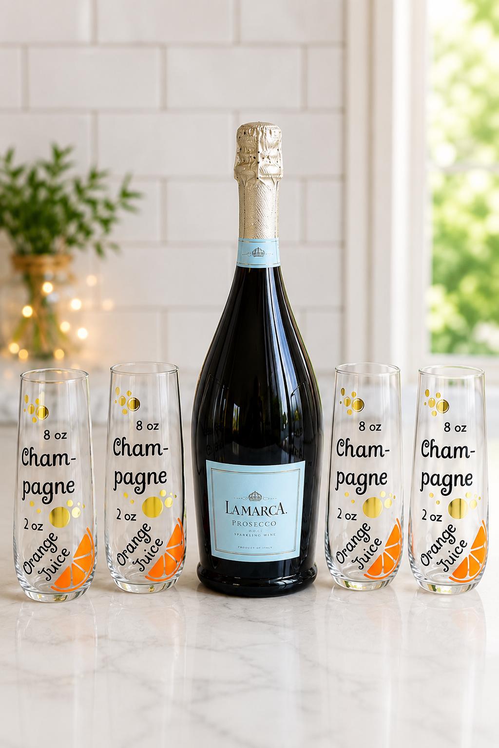Mimosa Recipe Glass Stemless Champagne Flute Brunch Gift Hostess Party Present Bridal Shower Celebration Drinkware Kitchen Barware Unique