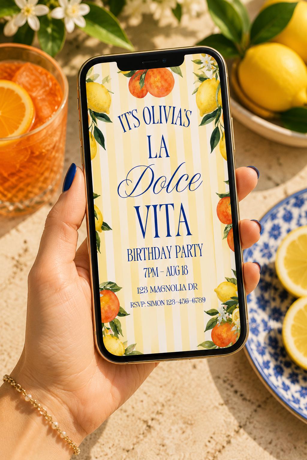 Italian Birthday Invitation Lemon Party Citrus Themed Celebration Printable Card Template Digital Download La Dolce Vita Watercolor