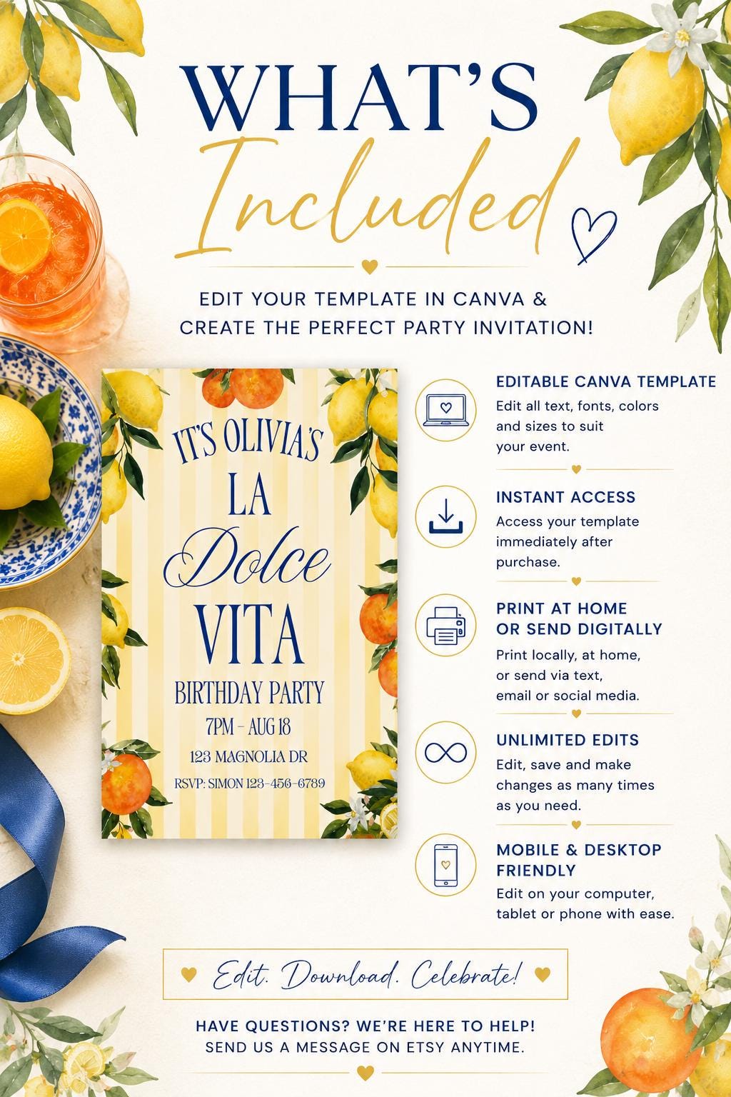 Italian Birthday Invitation Lemon Party Citrus Themed Celebration Printable Card Template Digital Download La Dolce Vita Watercolor