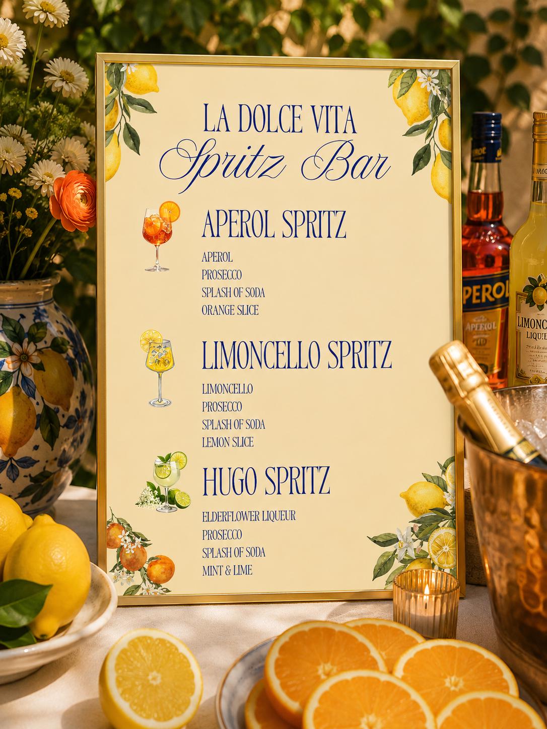Spritz Bar Menu Sign Wedding Reception Printable Cocktail Recipe Italian Drink Bridal Shower Party Decoration Summer Event Display La Dolce