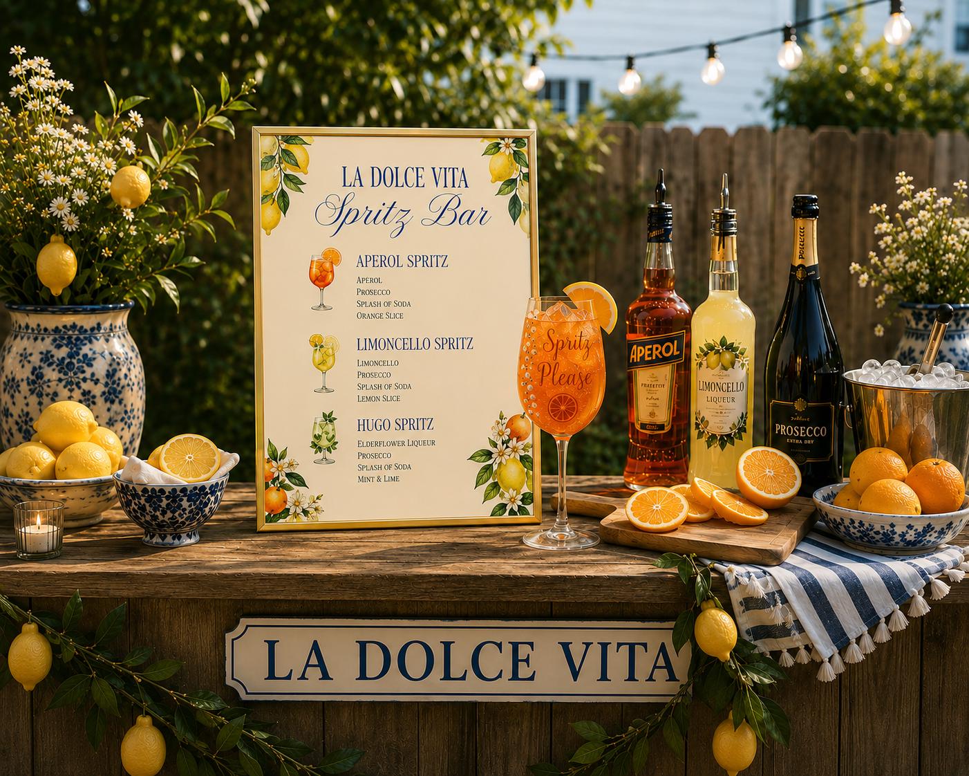 Spritz Bar Menu Sign Wedding Reception Printable Cocktail Recipe Italian Drink Bridal Shower Party Decoration Summer Event Display La Dolce
