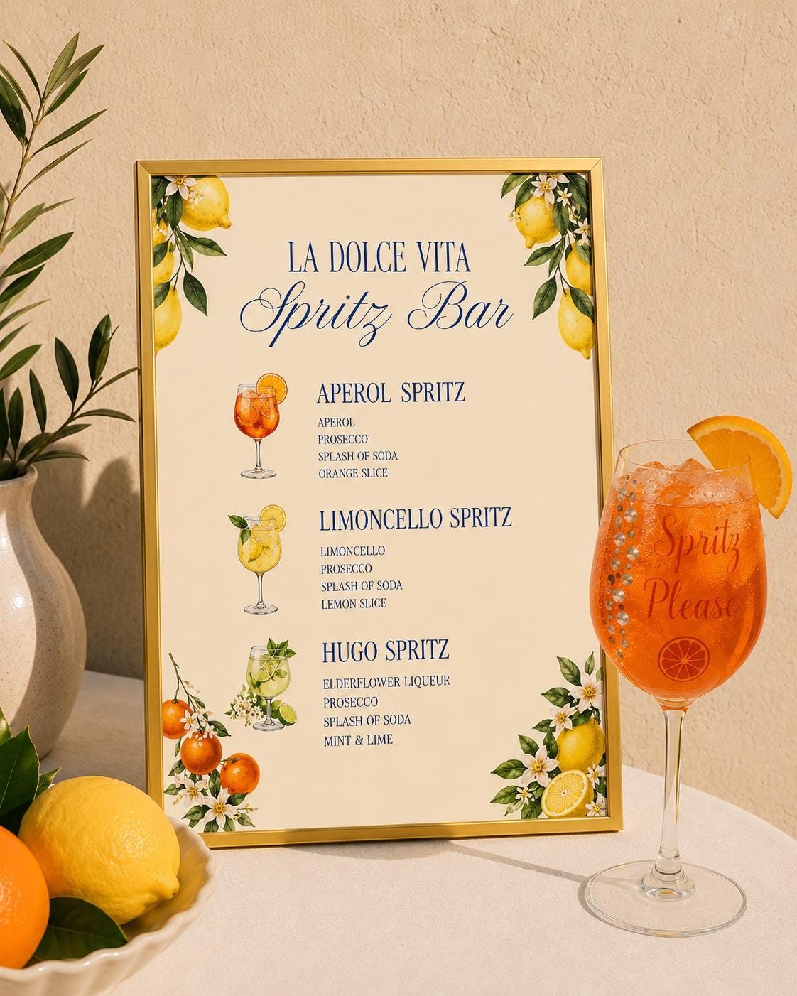 Spritz Bar Menu Sign Wedding Reception Printable Cocktail Recipe Italian Drink Bridal Shower Party Decoration Summer Event Display La Dolce