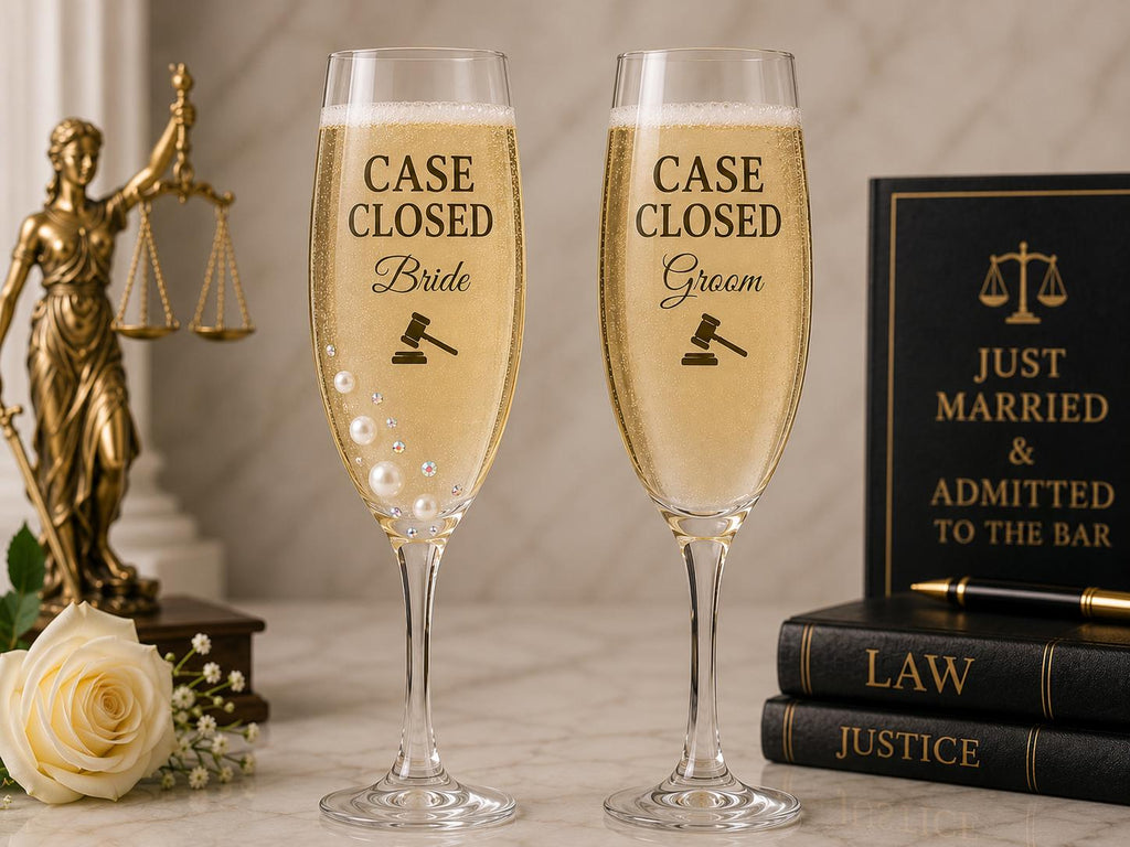 Bride & Groom Champagne Flutes Case Closed Wedding Glasses Lawyer Wedding Gift Passed the Bar Flutes Attorney Bride Groom Toasting Set