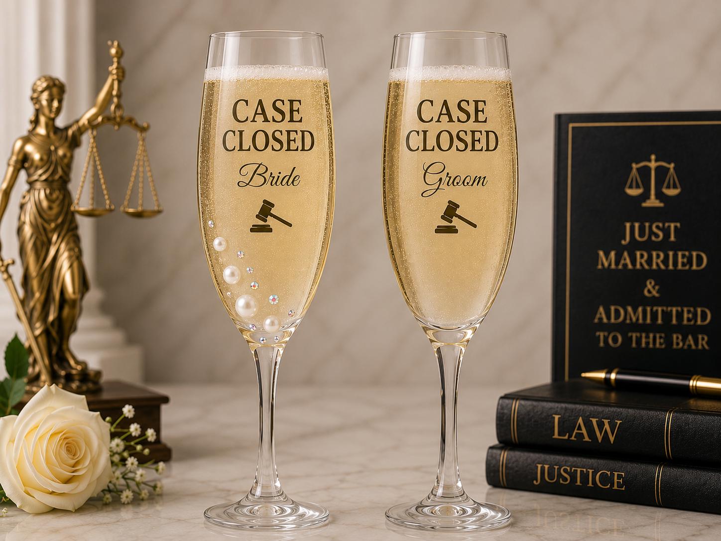 Bride & Groom Champagne Flutes Case Closed Wedding Glasses Lawyer Wedding Gift Passed the Bar Flutes Attorney Bride Groom Toasting Set