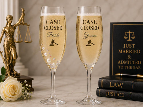 Bride & Groom Champagne Flutes Case Closed Wedding Glasses Lawyer Wedding Gift Passed the Bar Flutes Attorney Bride Groom Toasting Set