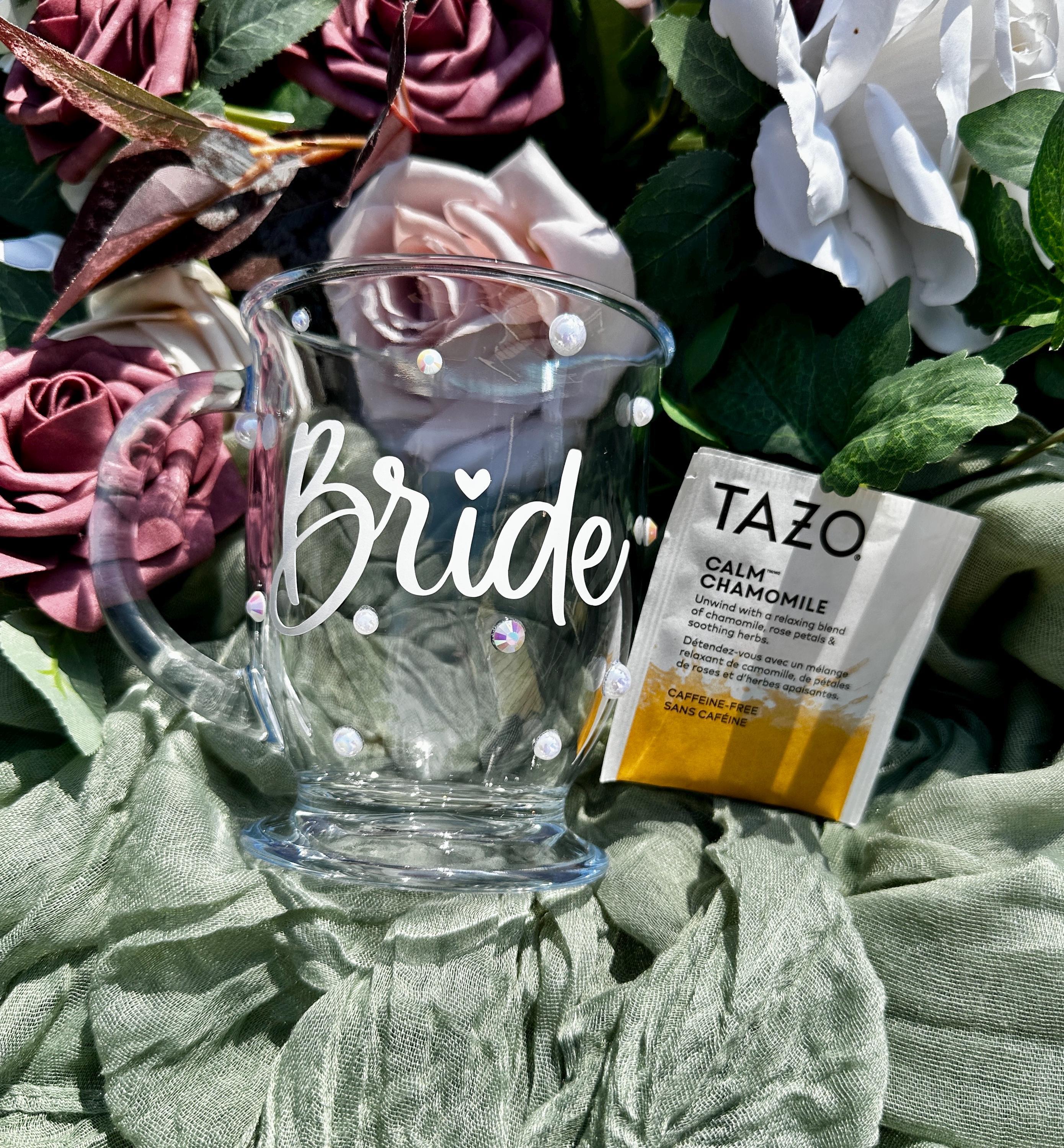 Bride Coffee Mug Tea Lover Bridal Shower Gift Personalized Wedding Tumbler Pearl Rhinestone Decorated Blinged Out Engagement Keepsake