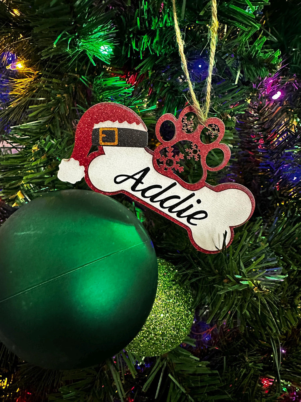 Custom Dog Ornament Pet Name Personalized Christmas Tree Decoration Dog Bone Shaped Keepsake Memorial Tribute Santa Hat Holiday Gift Dog