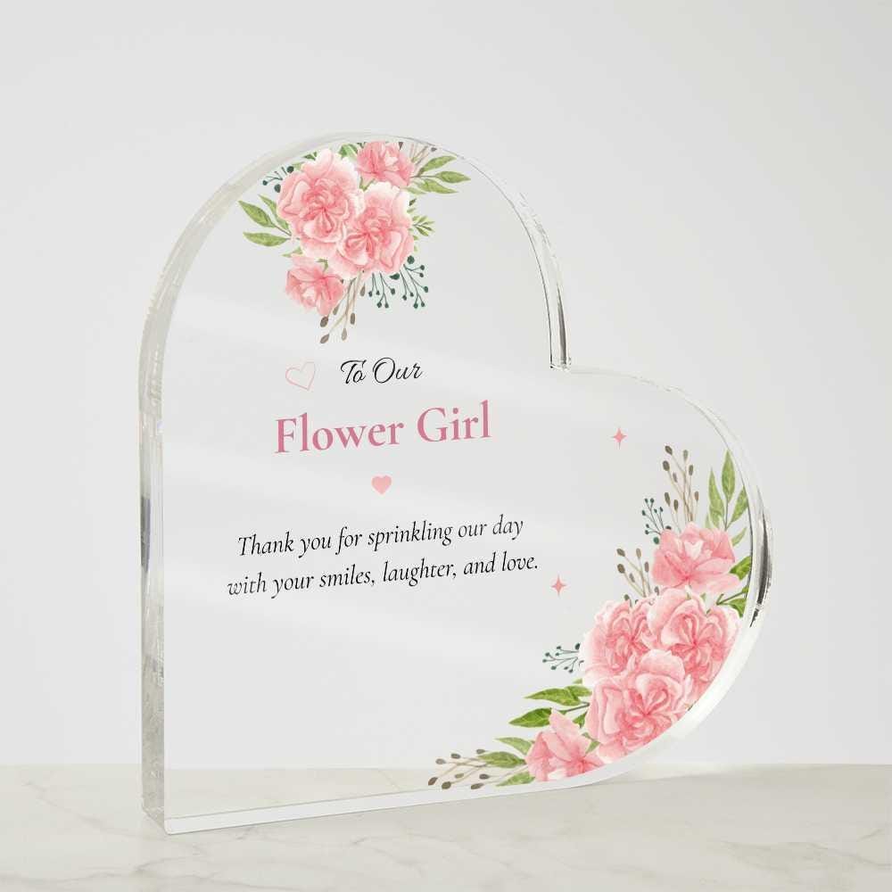 Flower Girl Gift Acrylic Plaque Heart Shaped Pink Floral Wedding Keepsake Thank You Bride Present Custom Printed Crystal Block Memento