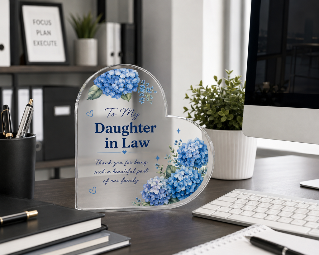 Blue Hydrangea Heart Acrylic Plaque Personalized Keepsake Gift for Daughter in Law