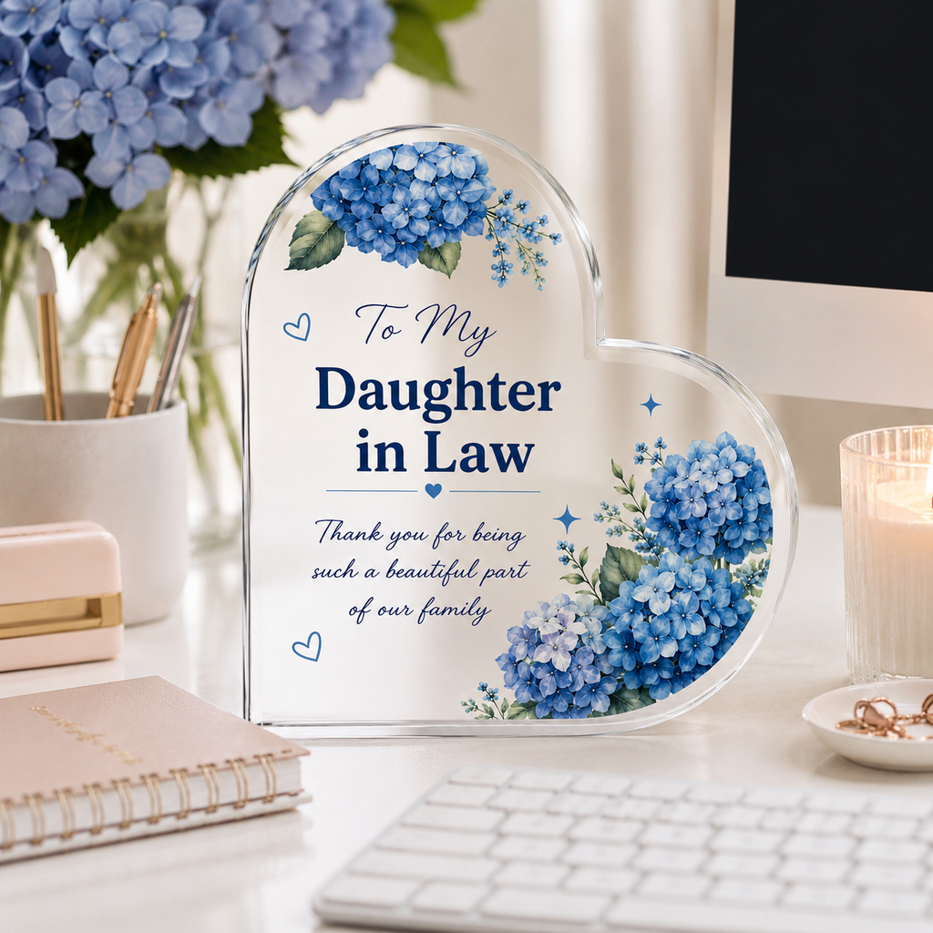Blue Hydrangea Heart Acrylic Plaque Personalized Keepsake Gift for Daughter in Law