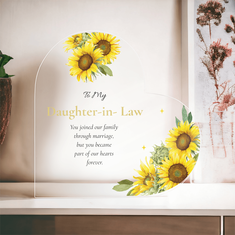 Daughter in Law Gift Personalized Keepsake Heart Plaque Acrylic Block Yellow Sunflower Artwork Present Wedding Treasure Sentimental Family Piece