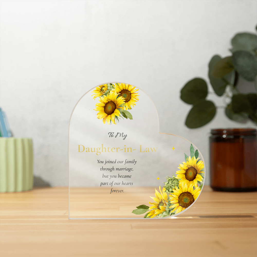 Daughter in Law Gift Personalized Keepsake Heart Plaque Acrylic Block Yellow Sunflower Artwork Present Wedding Treasure Sentimental Family Piece