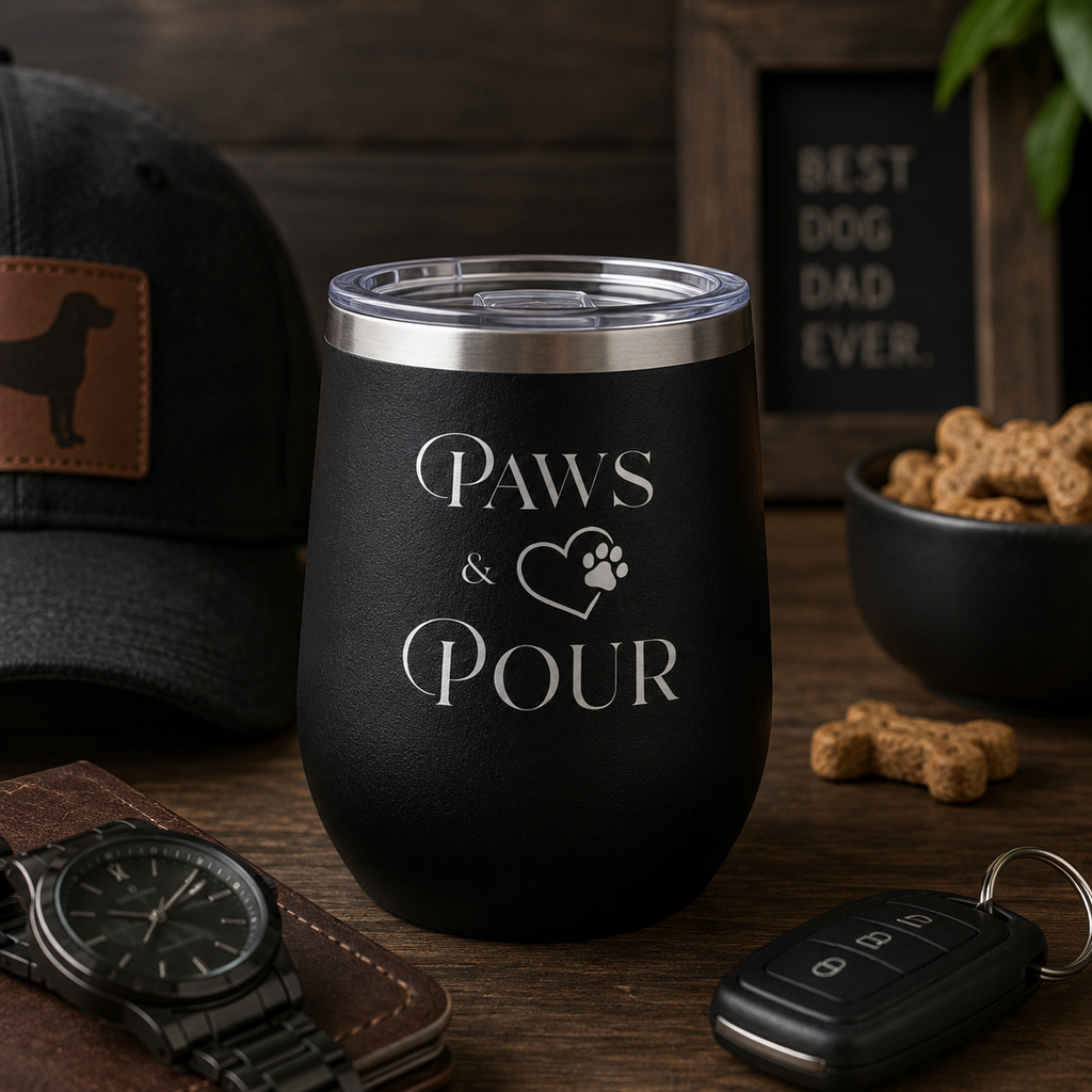 Dog Mom Wine Tumbler | Paws & Pour Stemless Wine Cup | Custom Pet Lover Gift | Dog Owner Travel Tumbler  12 oz