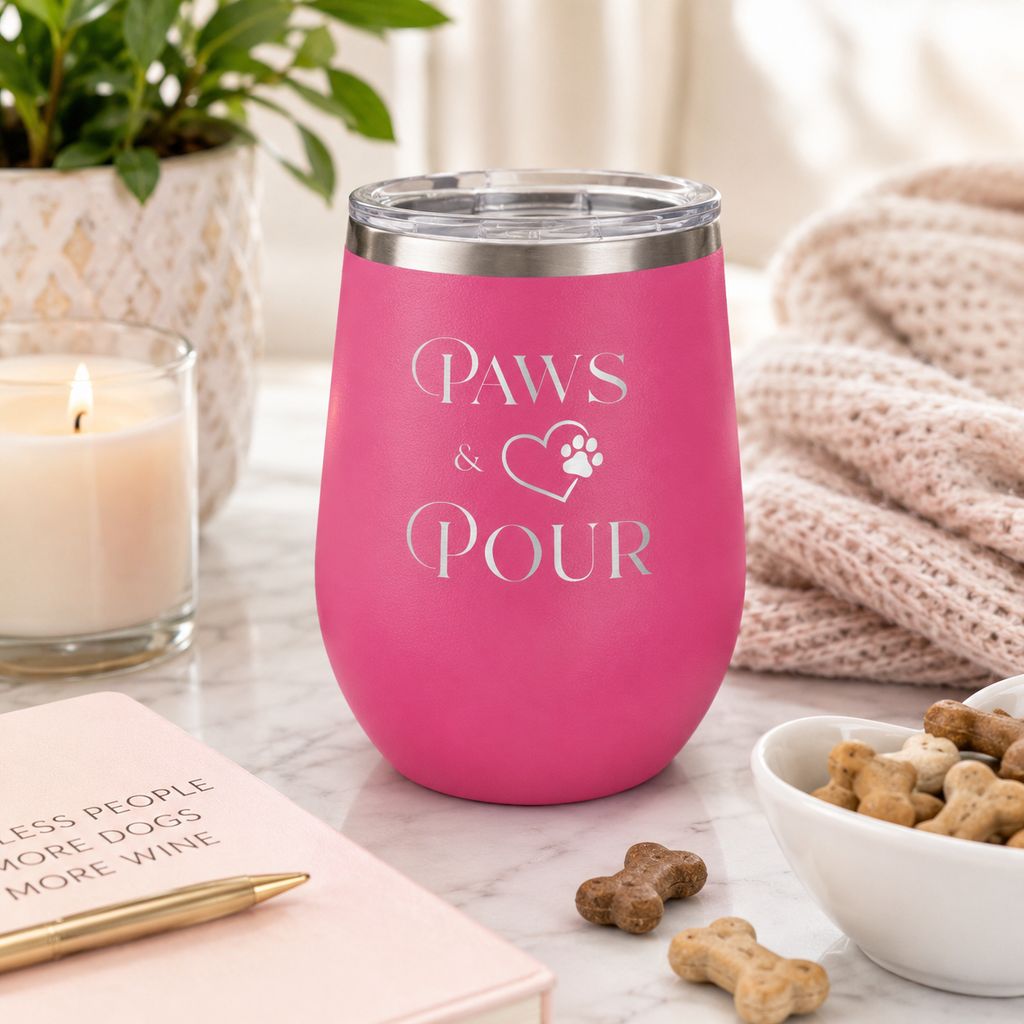 Dog Mom Wine Tumbler | Paws & Pour Stemless Wine Cup | Custom Pet Lover Gift | Dog Owner Travel Tumbler  12 oz