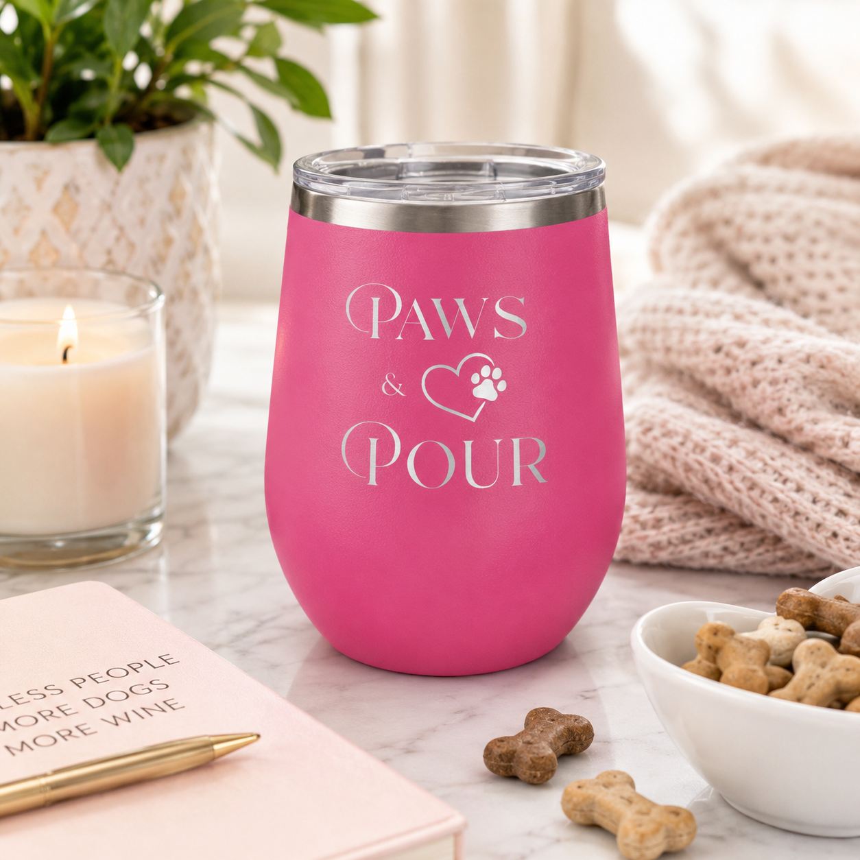 Dog Mom Wine Tumbler | Paws & Pour Stemless Wine Cup | Custom Pet Lover Gift | Dog Owner Travel Tumbler  12 oz