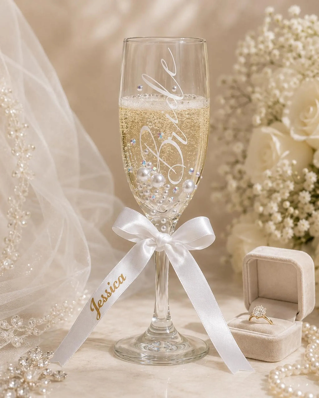 Bride Champagne Glass Custom Bride Gift Bridal Shower Personalized Engagement Flute Rhinestone Pearl Decorated Drinkware Wedding Celebration