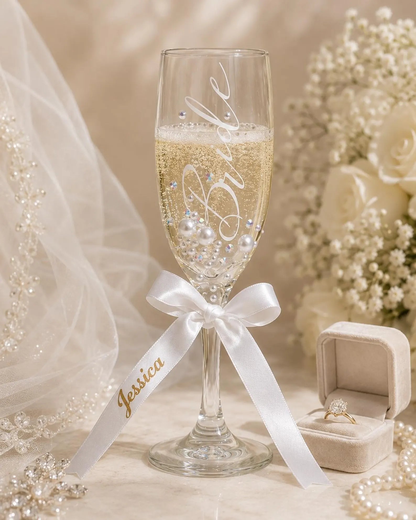 Bride Champagne Glass Custom Bride Gift Bridal Shower Personalized Engagement Flute Rhinestone Pearl Decorated Drinkware Wedding Celebration
